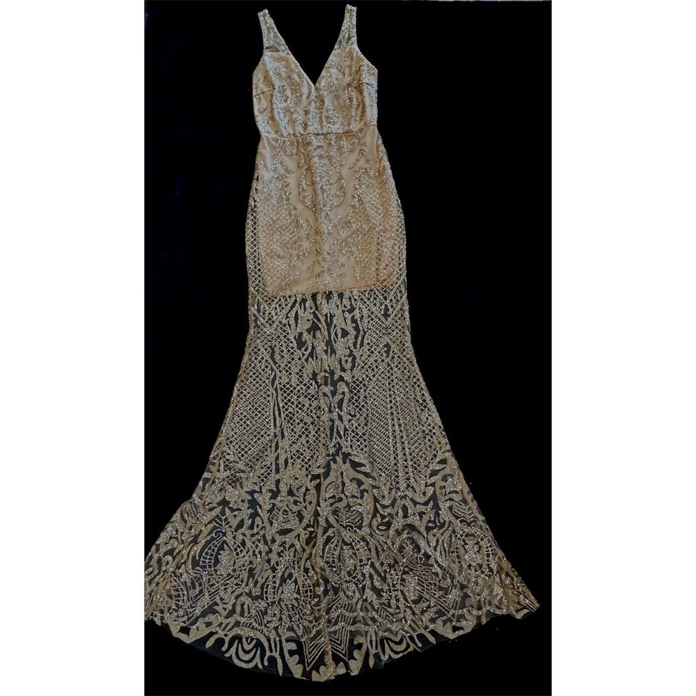 1920s Flapper Great Gatsby Prom Dress Juniors S Nude Silver Sequin Long GORGEOUS